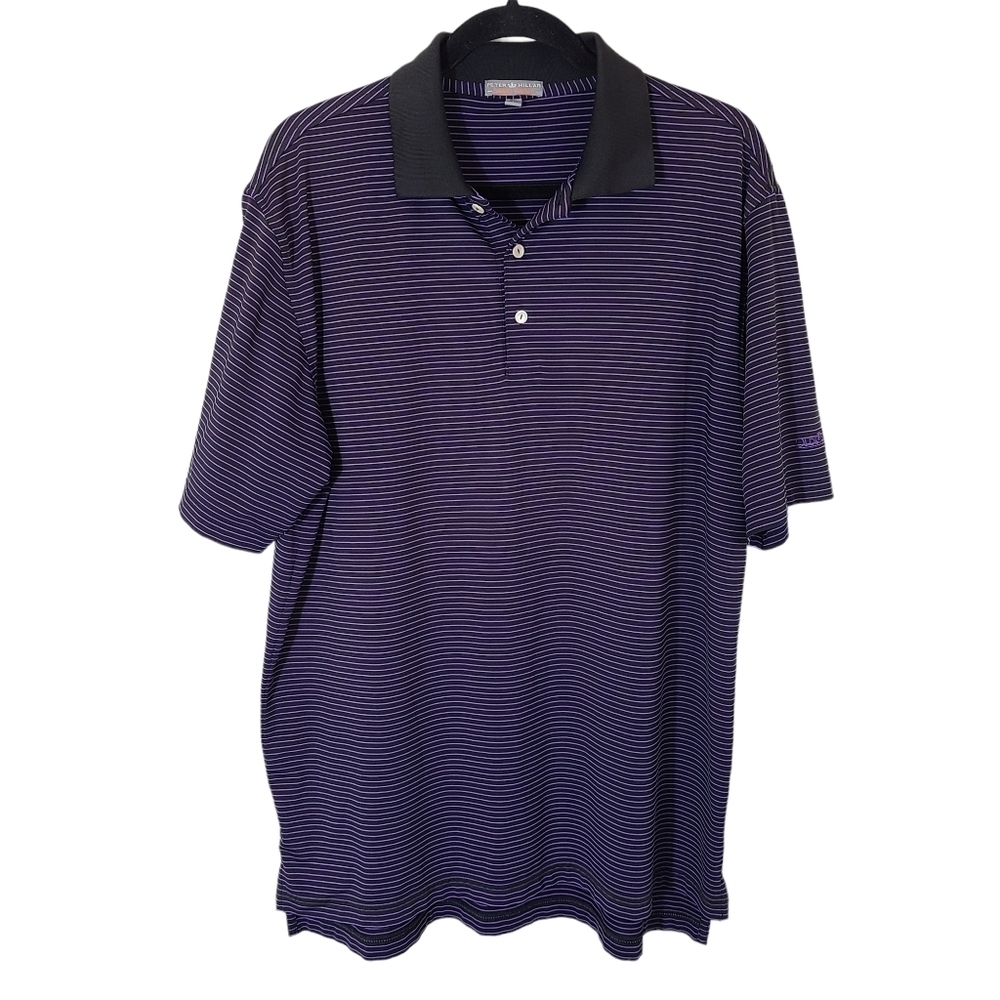 Peter Millar Summer Comfort Purple and Black striped Polo golf shirt Large logo
